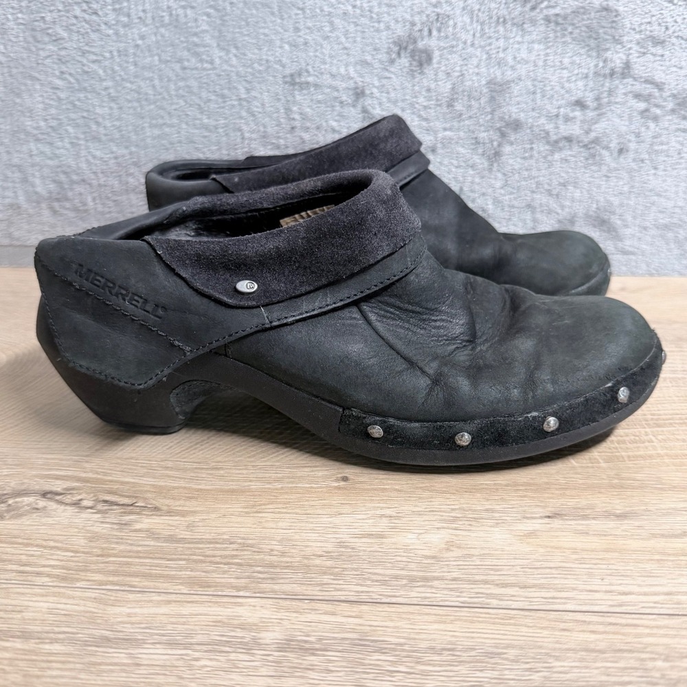 Merrell Clogs‎ Women 7.5 Black Leather Studded Mules Comfort Slip On Block Heel